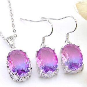 Bi Colored Tourmaline Oval Necklace Earrings Set 925 Sterling Silver Plated